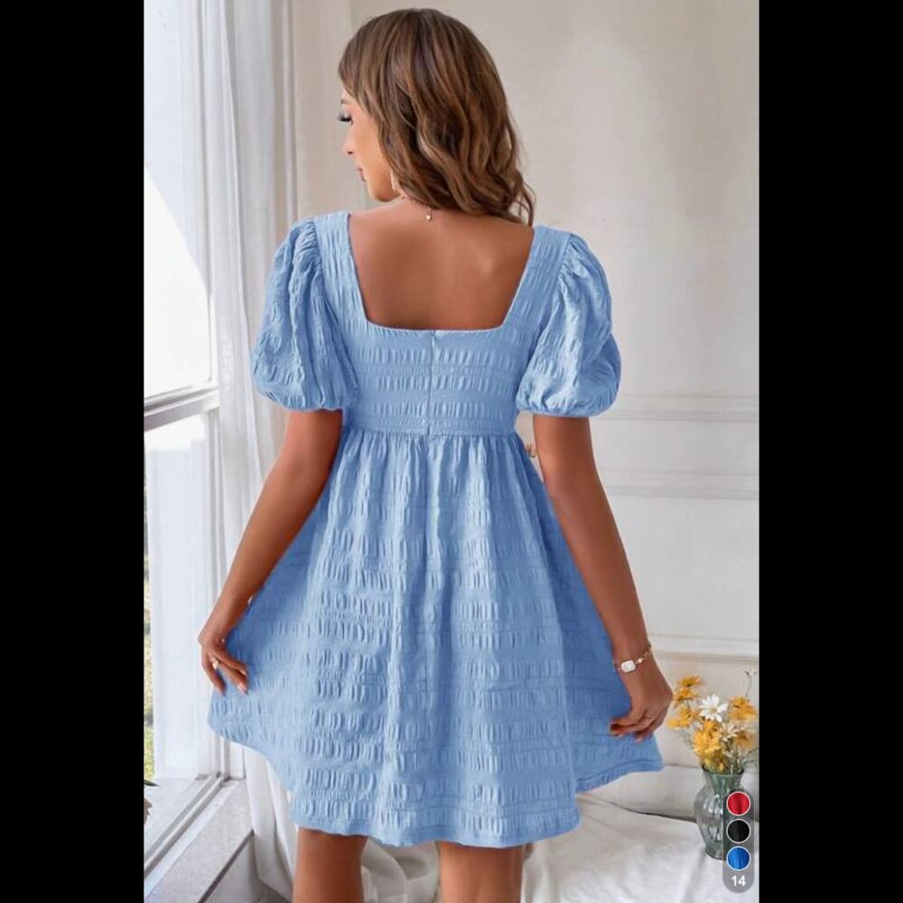Textured puff sleeve babydoll mini dress boho preppy 💙 - Picture 3 of 3